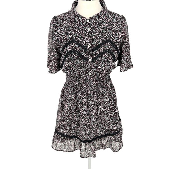 Very J Floral Sheer Shirt Dress Short Flutter Sleeve Mini Length Size Medium - Picture 1 of 13